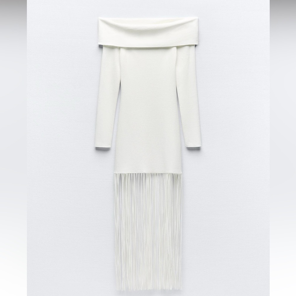 Zara Off-Shoulder Cream Fringe Long-Sleeve Dress - Picture 4 of 7